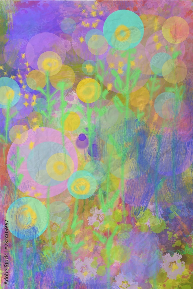 Abstract bubble dot imaginary fantasy blooms and flowers in fun colorful watercolor layers background design