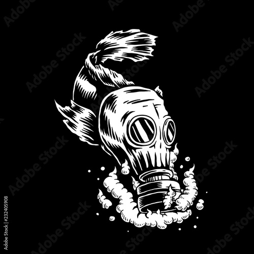 Fish wearing gas mask in polluted water  illustration