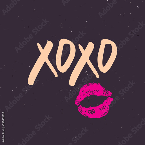 XOXO brush lettering sign, Grunge calligraphic hugs and kisses Phrase, Internet slang abbreviation XOXO symbols, vector illustration