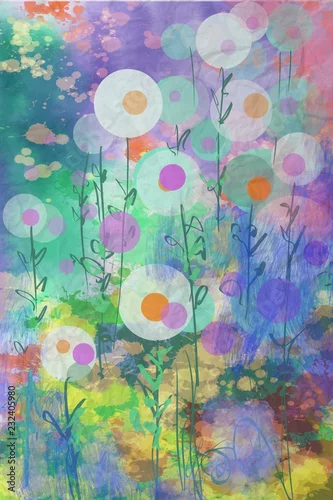 Obraz Abstract bubble dot imaginary fantasy blooms and flowers in fun colorful watercolor layers background design