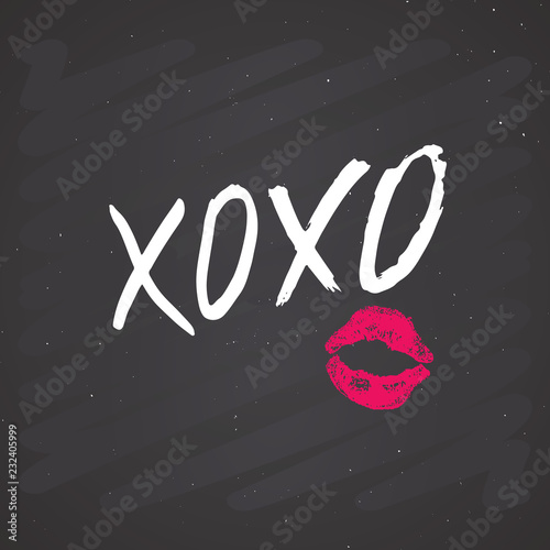 XOXO brush lettering sign, Grunge calligraphic hugs and kisses Phrase, Internet slang abbreviation XOXO symbols, vector illustration on chalkboard background