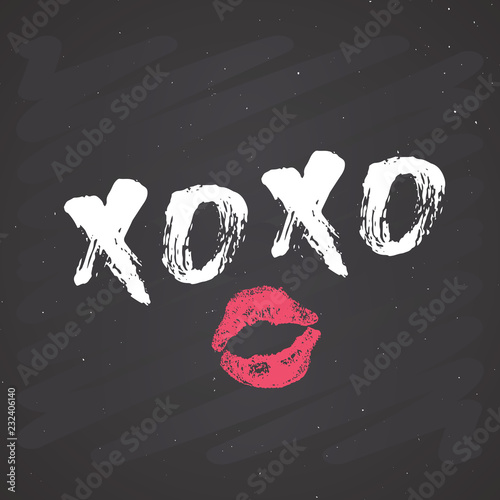 XOXO brush lettering sign, Grunge calligraphic hugs and kisses Phrase, Internet slang abbreviation XOXO symbols, vector illustration on chalkboard background