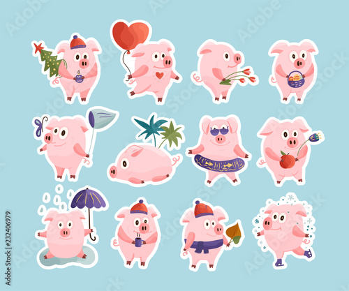 New Year 2019 set with Christmas cartoon flat pink pigs.