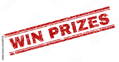 WIN PRIZES seal stamp with corroded texture. Red vector rubber print of WIN PRIZES text with dust texture. Text title is placed between double parallel lines.