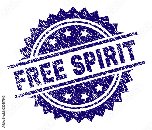 FREE SPIRIT stamp seal watermark with distress style. Blue vector rubber print of FREE SPIRIT tag with scratched texture.