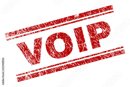 VOIP seal print with distress texture. Red vector rubber print of VOIP text with grunge texture. Text label is placed between double parallel lines.