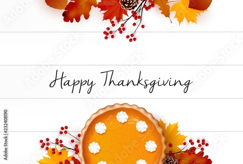 Thanksgiving day greeting card with traditional holiday dinner on wooden background