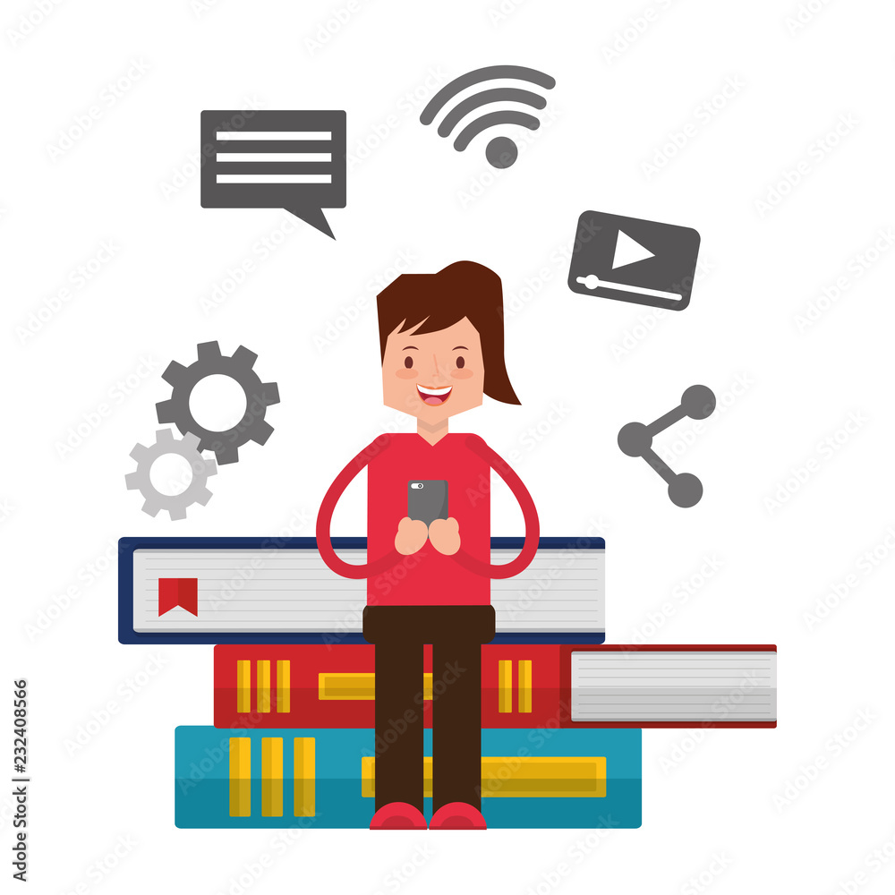 woman using mobile books social media woman using mobile books social media