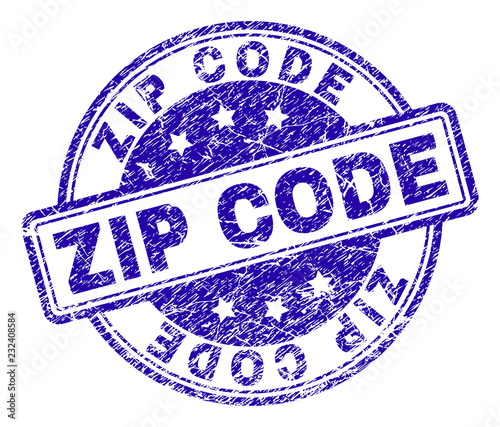 ZIP CODE stamp seal watermark with grunge style. Designed with rounded rectangles and circles. Blue vector rubber print of ZIP CODE text with grunge texture.