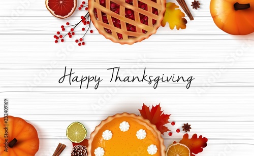 Thanksgiving day greeting card with traditional holiday dinner on wooden background