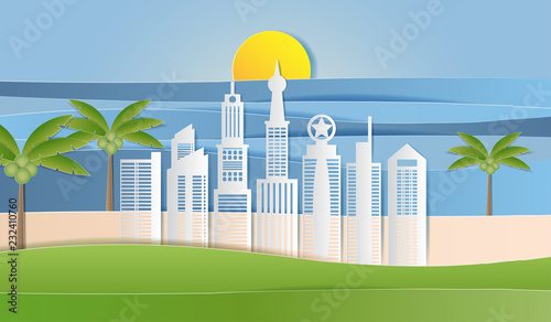 Modern city skyline building with Landscape of sea, sand, sun,sky and coconut in twilight, Paper art style. Vector illustration