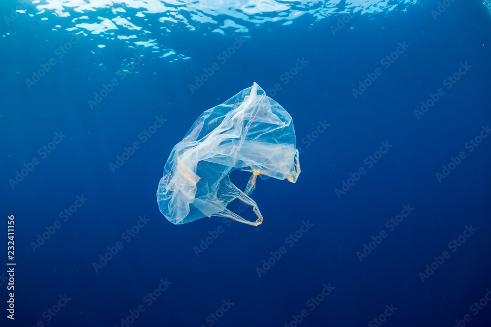 Fotka „Plastic pollution:- A discarded plastic bag floats in a clear, blue  water, tropical ocean“ ze služby Stock | Adobe Stock