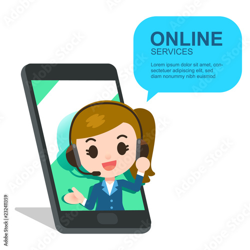 Vector female operator character with headset and pop out of smartphone 