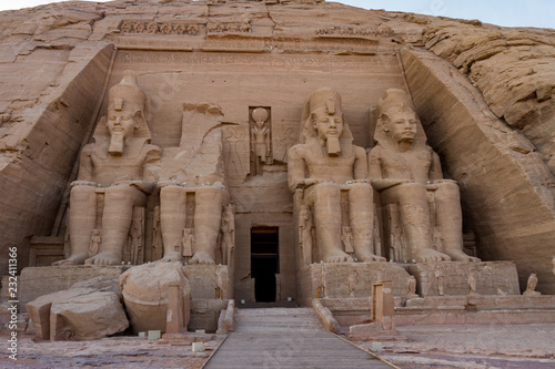Facade of the rock cut temple of Ramses II at Abu Simbel, Egypt, on the banks of Lake Nasser. The temple was raised to prevent flooding due to Aswan High Dam