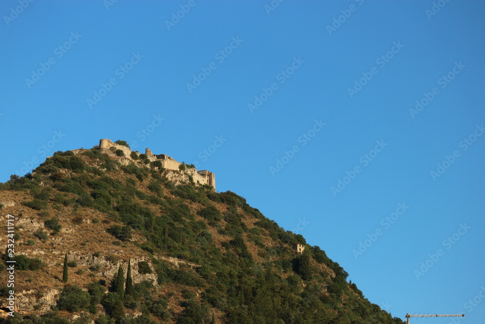 Landscape with Villehardouin's Castle in medieval Mystras, Greece