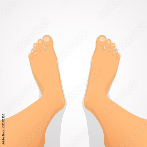 Human foot view from above. Person barefoot stands on white floor