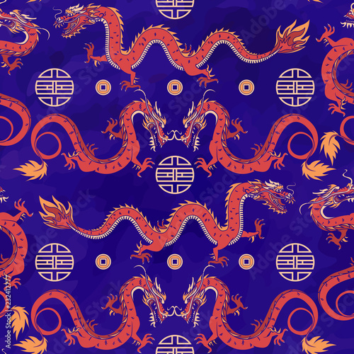 Seamless oriental pattern with dragons, chinese ornament on a watercolor background