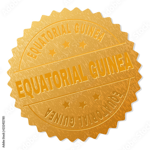 EQUATORIAL GUINEA gold stamp award. Vector golden award with EQUATORIAL GUINEA tag. Text labels are placed between parallel lines and on circle. Golden surface has metallic structure.