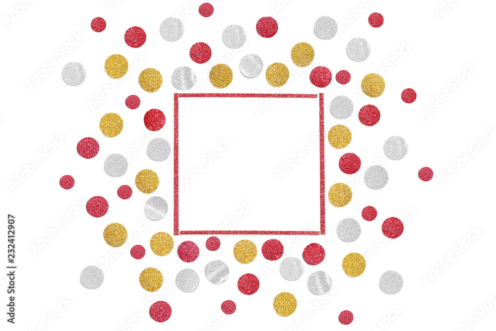 Red gold and silver glitter confetti paper cut on white background - isolated