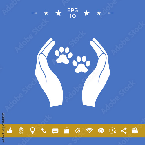 Shelter pets sign icon. Hands holds paw symbol. Animal protection