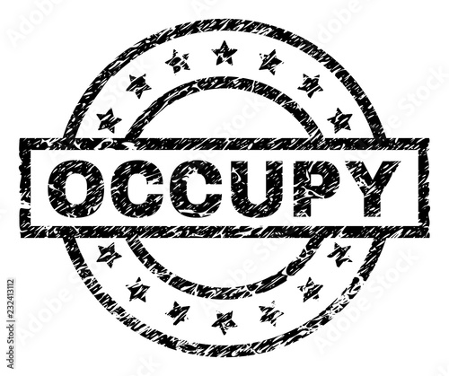 OCCUPY stamp seal watermark with distress style. Designed with rectangle, circles and stars. Black vector rubber print of OCCUPY text with grunge texture.