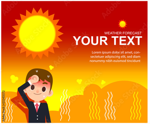 Vector male weather reporter character in hot summer background with mockup text.