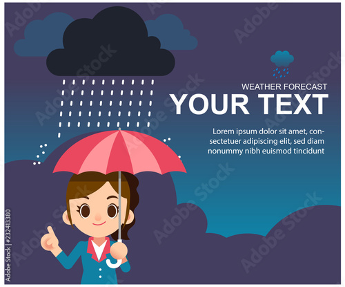 Vector female weather reporter character in snow cold winter background with mockup text.