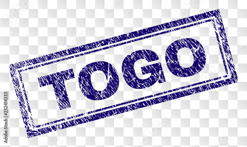 TOGO stamp seal watermark with rubber print style and double framed rectangle shape. Stamp is placed on a transparent background. Blue vector rubber print of TOGO title with unclean texture.