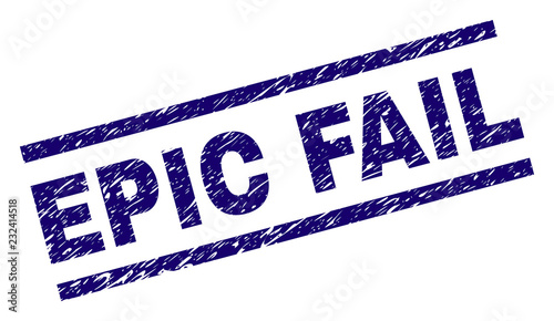 EPIC FAIL seal watermark with scratced style. Blue vector rubber print of EPIC FAIL text with scratched texture. Text tag is placed between parallel lines.