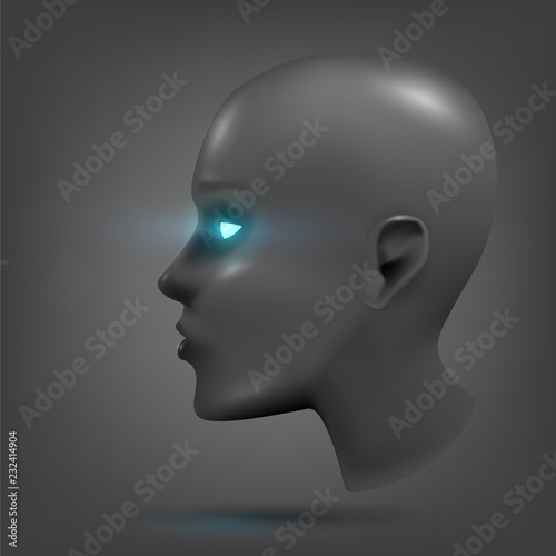 The head of the robot, the face of the android with luminous eyes. Cyber human, technology, conception: artificial intelligence, bioengineering