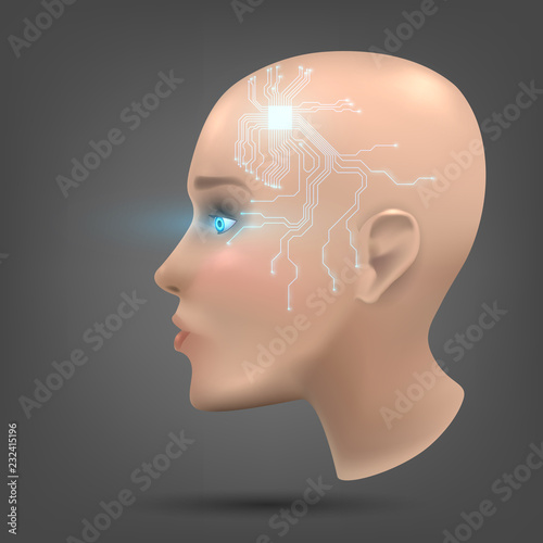 The head of a cyborg or an anthropoid robot. Concept: humanoid robots, artificial intelligence, science fiction