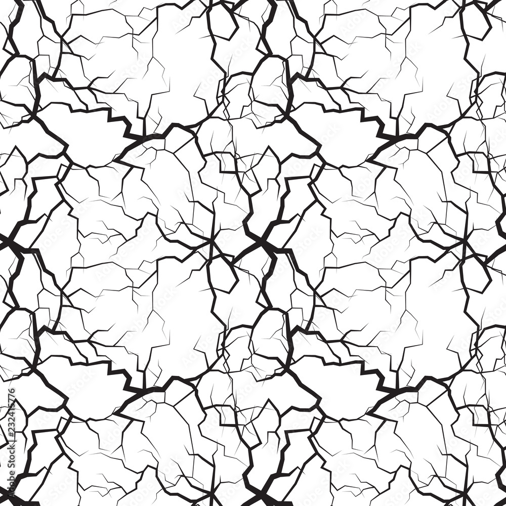 Seamless pattern with black cracks, dry soil, branches and roots. Abstract print