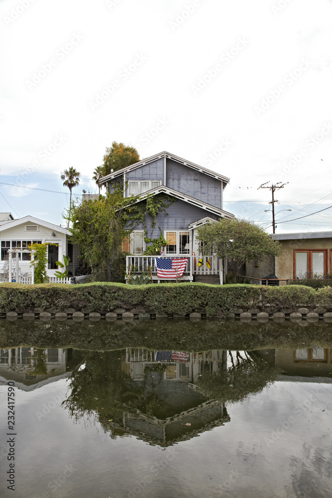 Venice Beach Canals with american flag. Travel landscape Holidays. Santa Monica.jpg