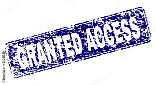 GRANTED ACCESS stamp seal print with distress texture. Seal shape is a rounded rectangle with frame. Blue vector rubber print of GRANTED ACCESS caption with dirty texture.