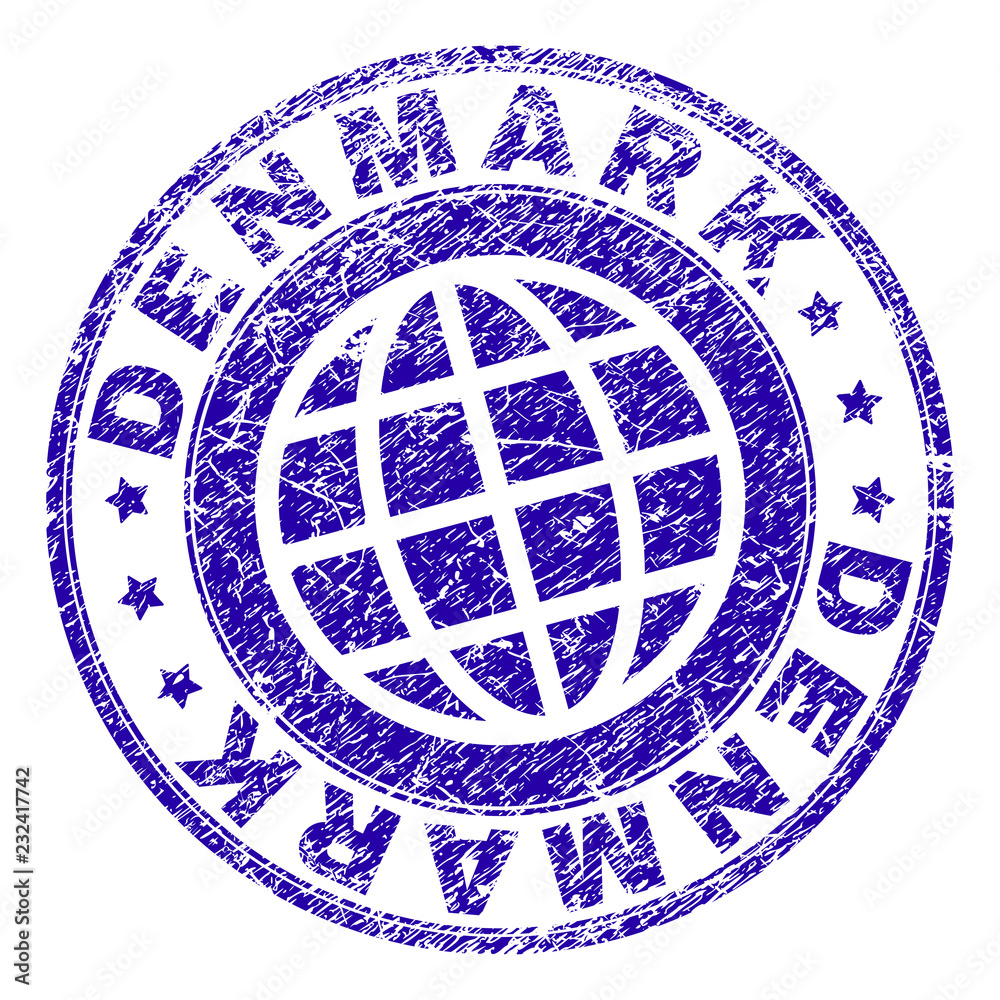 DENMARK stamp print with grunge texture. Blue vector rubber seal print of DENMARK label with grunge texture. Seal has words arranged by circle and globe symbol.