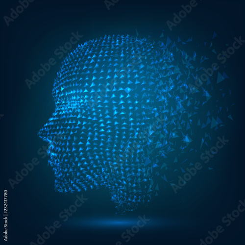 The crumbling head of a human, a hollogram. Concept: technology, artificial intelligence, the human soul