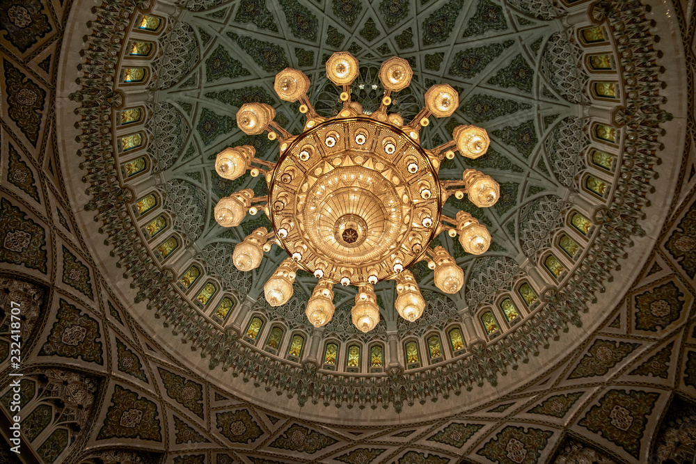 MUSCAT, OMAN Interior design of the Sultan Qaboos Grand Mosque in Muscat, Oman