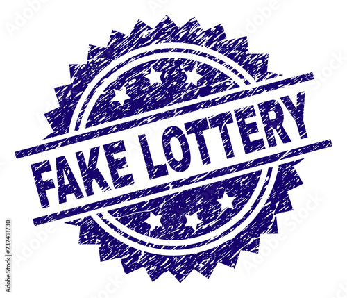 FAKE LOTTERY stamp seal watermark with distress style. Blue vector rubber print of FAKE LOTTERY caption with unclean texture.