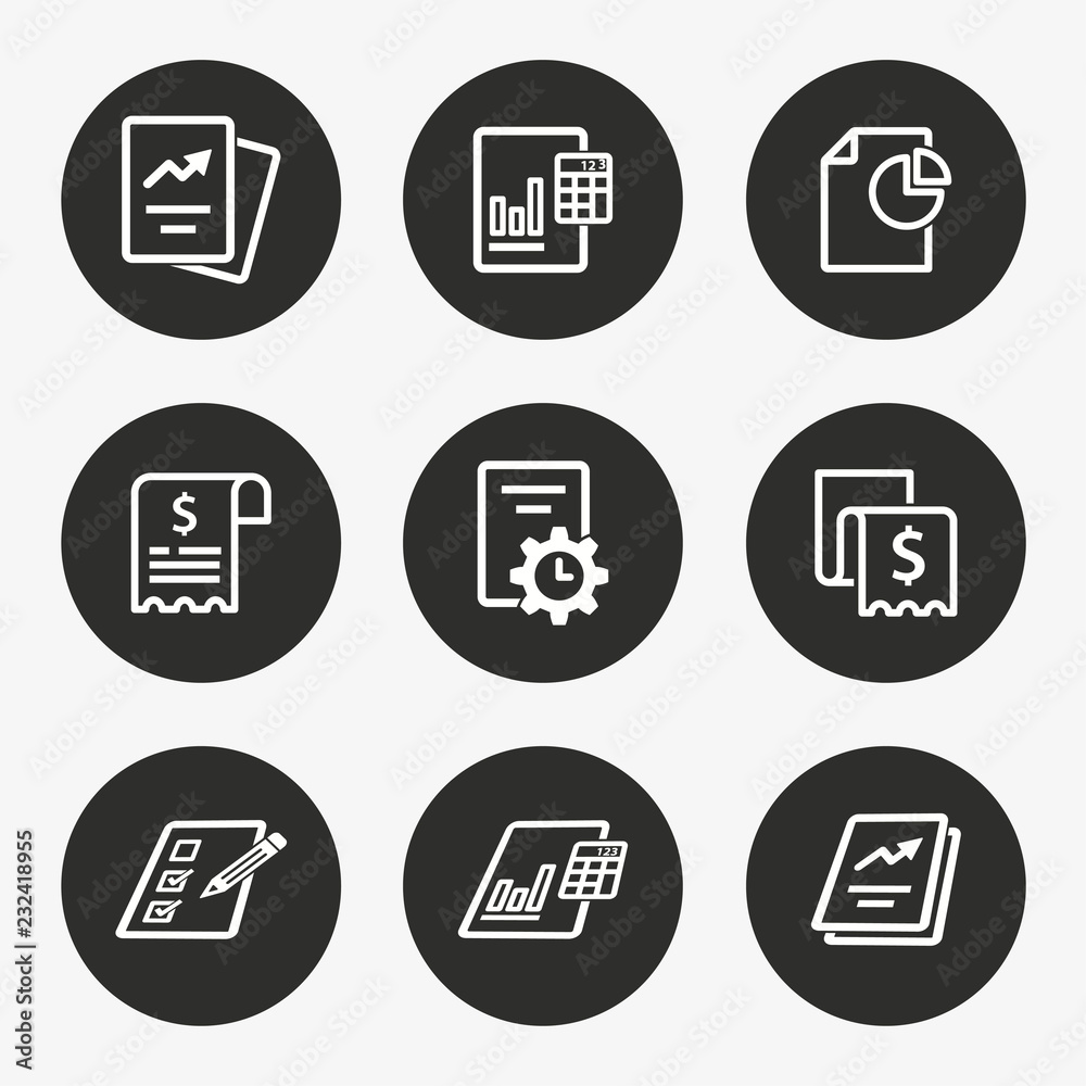 Business report icon set. Vector illustration. Round button. Business report icon set. Vector illustration. Round button.