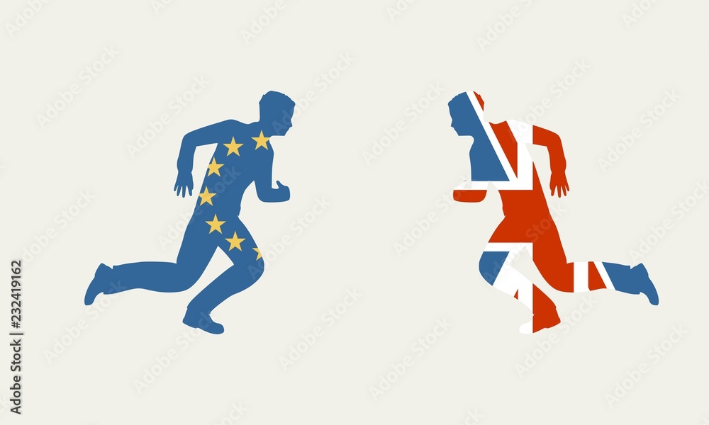 Image relative to politic situation between great britain and european union. Politic process named as brexit. Businessmen silhouettes textured by national flags Image relative to politic situation between great britain and european union. Politic process named as brexit. Businessmen silhouettes textured by national flags