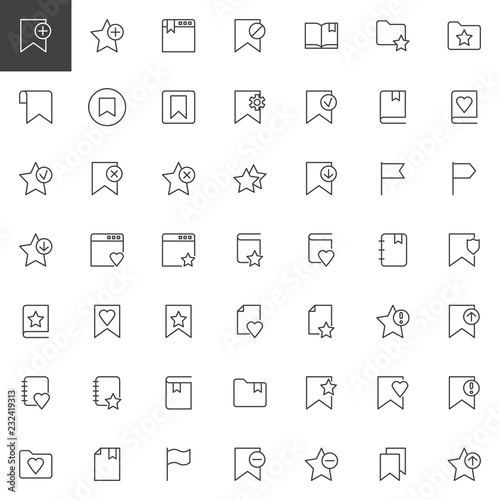Bookmarks outline icons set. linear style symbols collection, line signs pack. vector graphics. Set includes icons as Favorite bookmark, star, flag, tag, open book pages, file folder, label, notebook