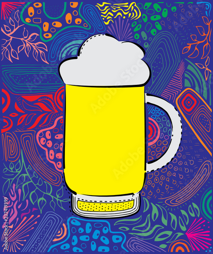 А mandala style drawing with a silhouette of a beer mug. Drinks with a lot of foam in color background. Floral picture.
