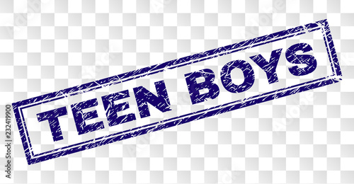 TEEN BOYS stamp seal print with scratched style and double framed rectangle shape. Stamp is placed on a transparent background. Blue vector rubber print of TEEN BOYS title with scratched texture.
