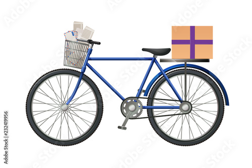 Postman's bike, with postal parcel and lot of letters, envelopes.