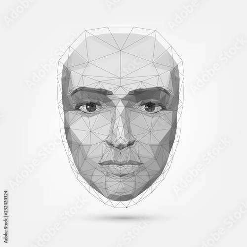 Human face, polygonal mesh, technology. Robot