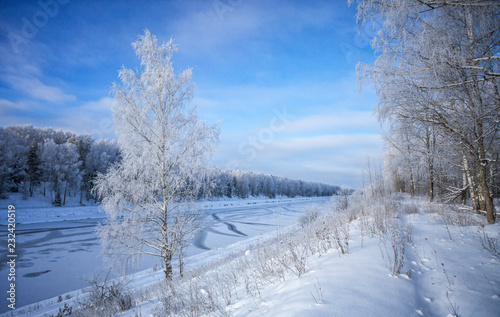 Winter landscape on the bank of the Moscow Canal.