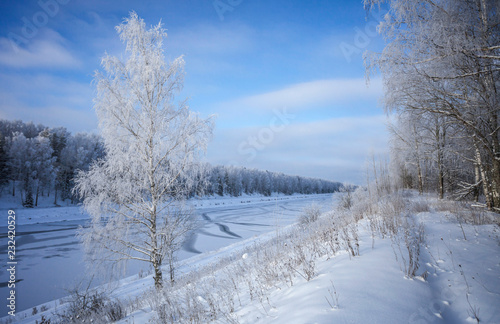 Winter landscape on the bank of the Moscow Canal.