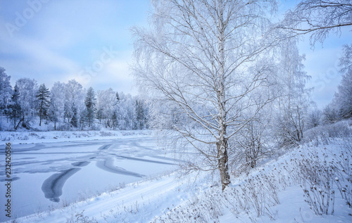 Winter landscape on the bank of the Moscow Canal.