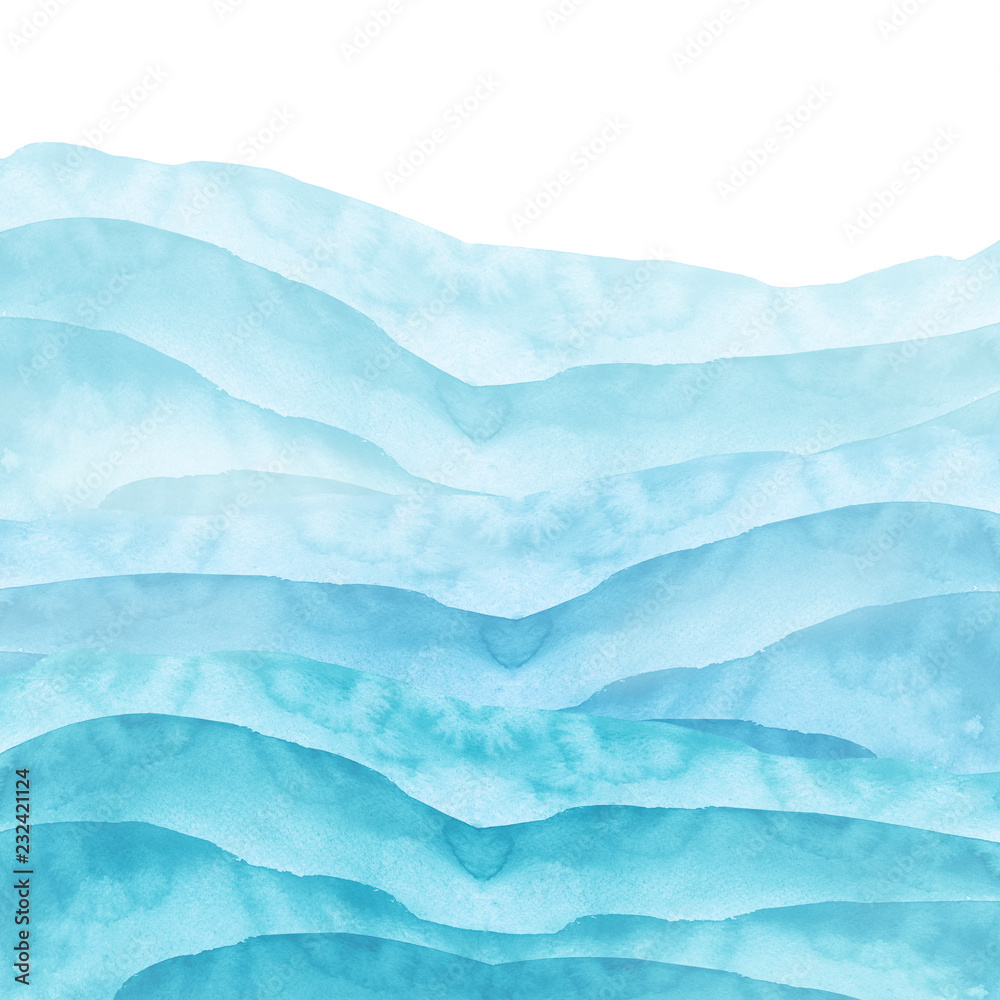 Obraz Akwarela linia niebieskiej farby, plusk, rozmaz, zmaza, abstrakcja. Używany do różnych projektów i dekoracji. Pociągnięcia farby, linie, plusk. Linia pozioma, tło. Błękitne morze, wzgórze, góra mgły