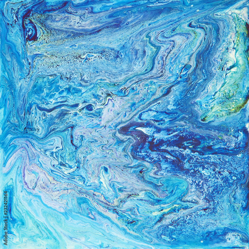 Colorful blue wavy texture. Abstract acrylic painting. Fluid art.